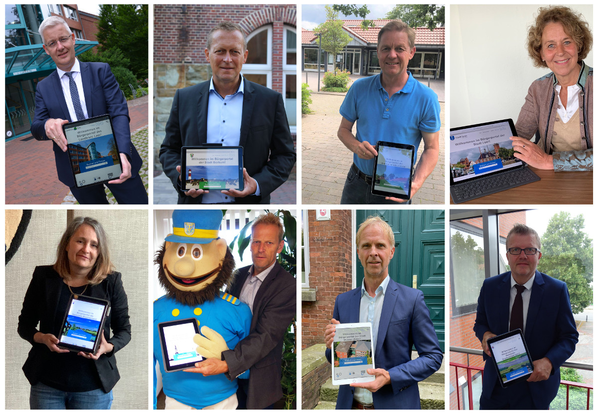 (Bürgermeister Stadt Borkum), Ralf Möhlmann (Allgemeiner Vertreter des Bürgermeisters der Samtgemeinde Jümme), Beatrix Kuhl (Bürgermeisterin Stadt Leer) sowie untere Reihe, v.l.n.r., Bettina Stöhr (Bürgermeisterin Gemeinde Moormerland), Geert Müller (Bürgermeister Gemeinde Rhauderfehn - hier mit Gemeinde-Maskottchen Fokko), Hermann Welp (Erster Stadtrat der Stadt Weener) und Theo Douwes (Bürgermeister Gemeinde Westoverledingen) die neuen Online-Portale.